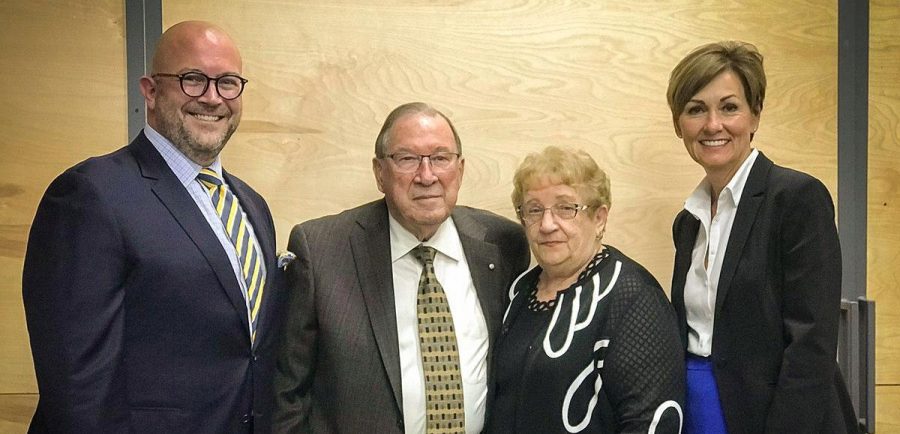 Iowa Gov. Kim Reynolds joined Buena Vista University President Joshua Merchant in announcing that founder and longtime chairman/CEO of Casey’s General Stores, Inc., Don Lamberti has provided a $2.9-million gift to establish The Donald F. and Charlene K. Lamberti Center for Rural Entrepreneurship at BVU.