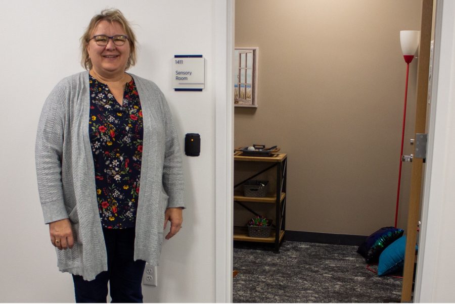 Director of the Center for Academic Excellence Donna Musel stands with the new sensory room.