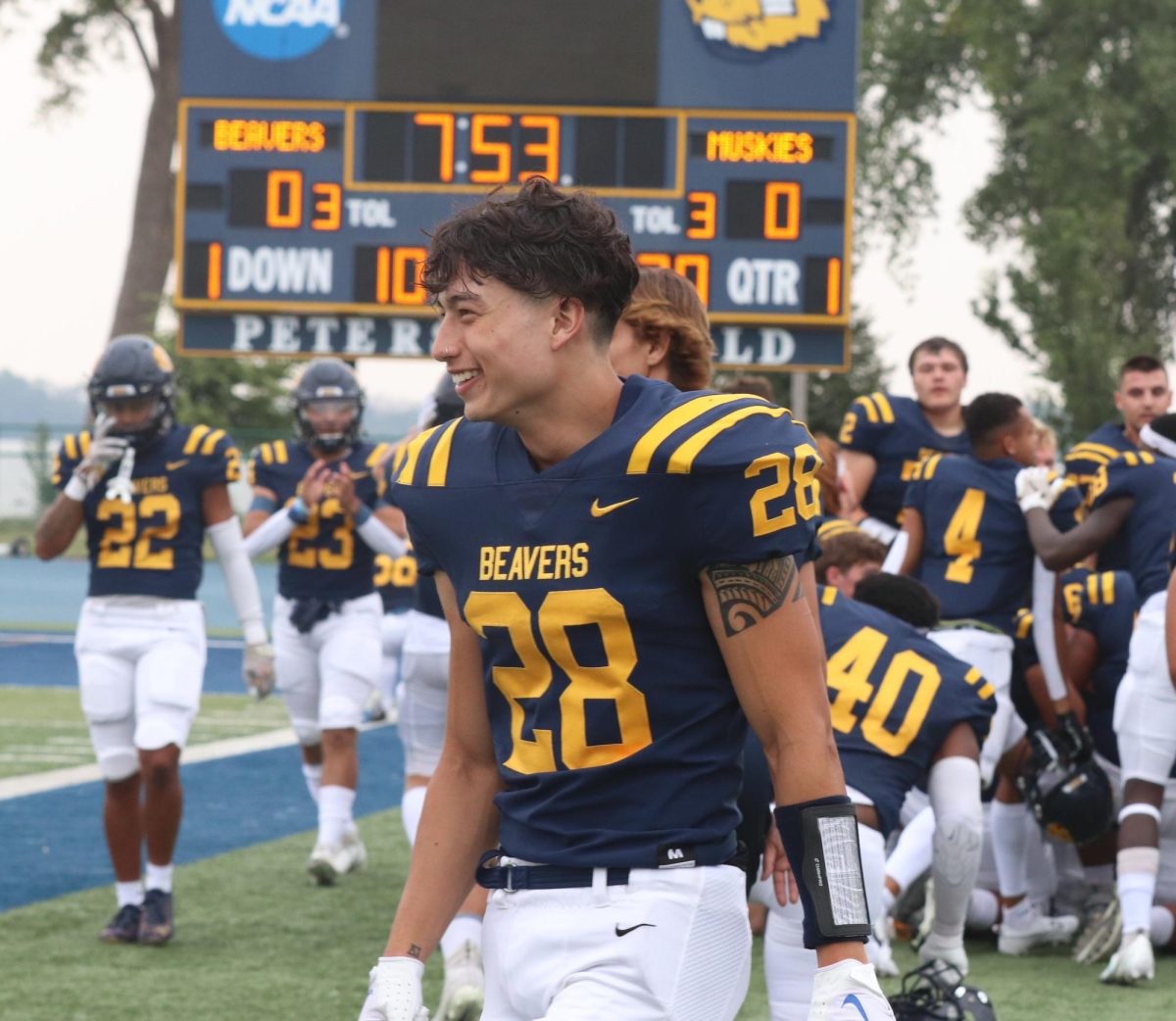 All smiles from Sophomore Running Back Meven Obregon (#28) as the Beavers prepare to take on the Lakeland Muskies.