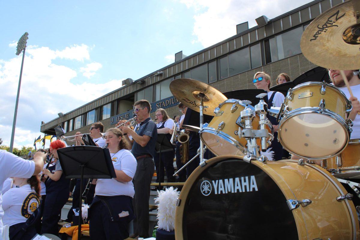 The BVU marching band plays at the first football game of the year on September 7, 2024. Evan Pierce is on the drum set and Kyle Norris on trumpet. 