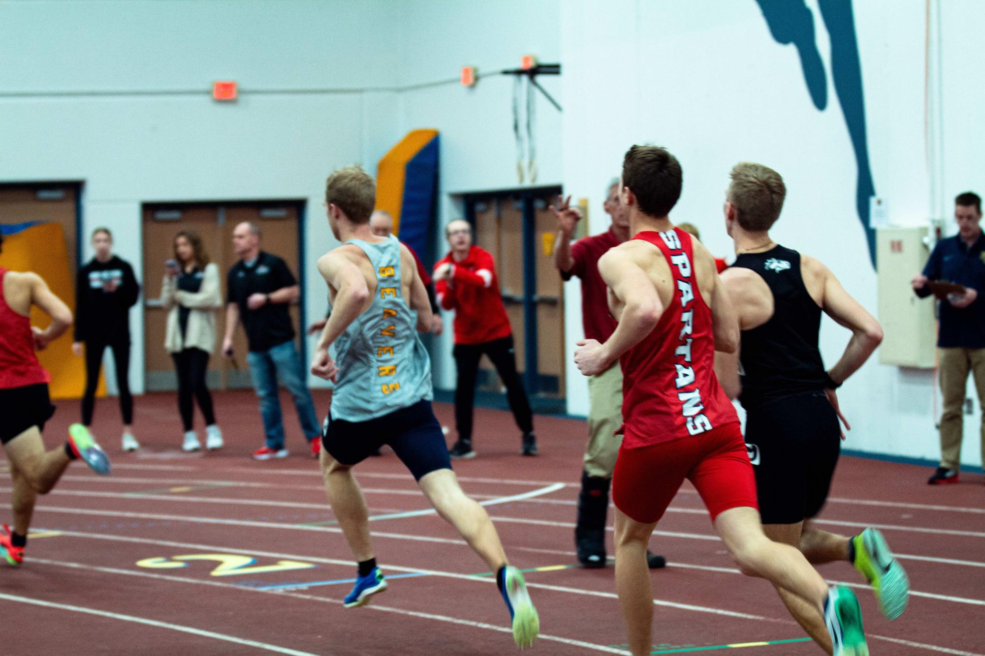 Racers making the second turn on the track.